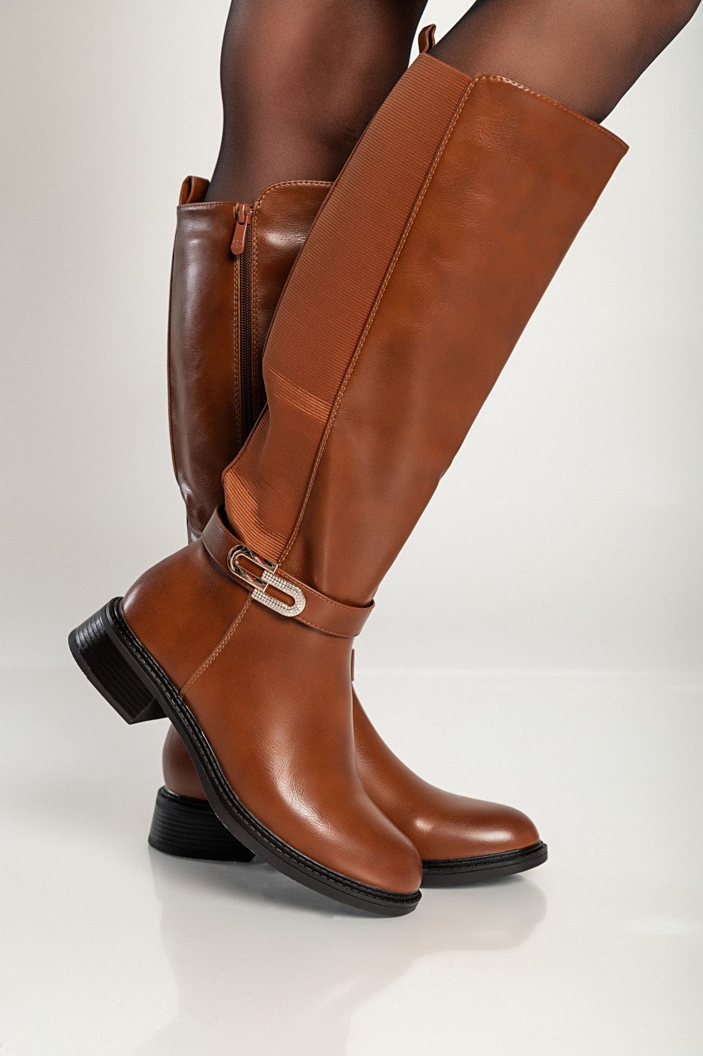 Elegant Faux Leather Boots, Camel Color