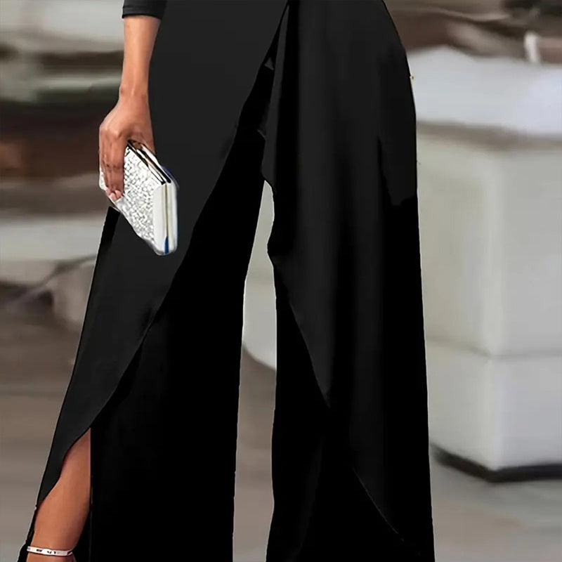 Women Elegant One Shoulder Slit Pleated Waist Jumpsuit Long Sleeves
