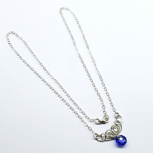 Silver Wire Sculpted Round Aqua Crystal Pendant Necklace