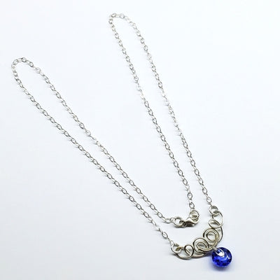 Silver Wire Sculpted Round Aqua Crystal Pendant Necklace