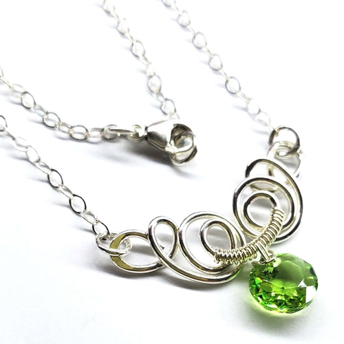 Silver Wire Sculpted Round Aqua Crystal Pendant Necklace
