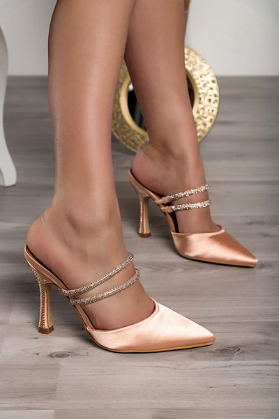 Heeled shoes with rhinestones, beige