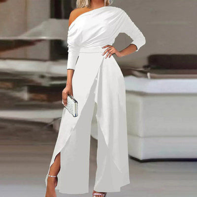 Women Elegant One Shoulder Slit Pleated Waist Jumpsuit Long Sleeves