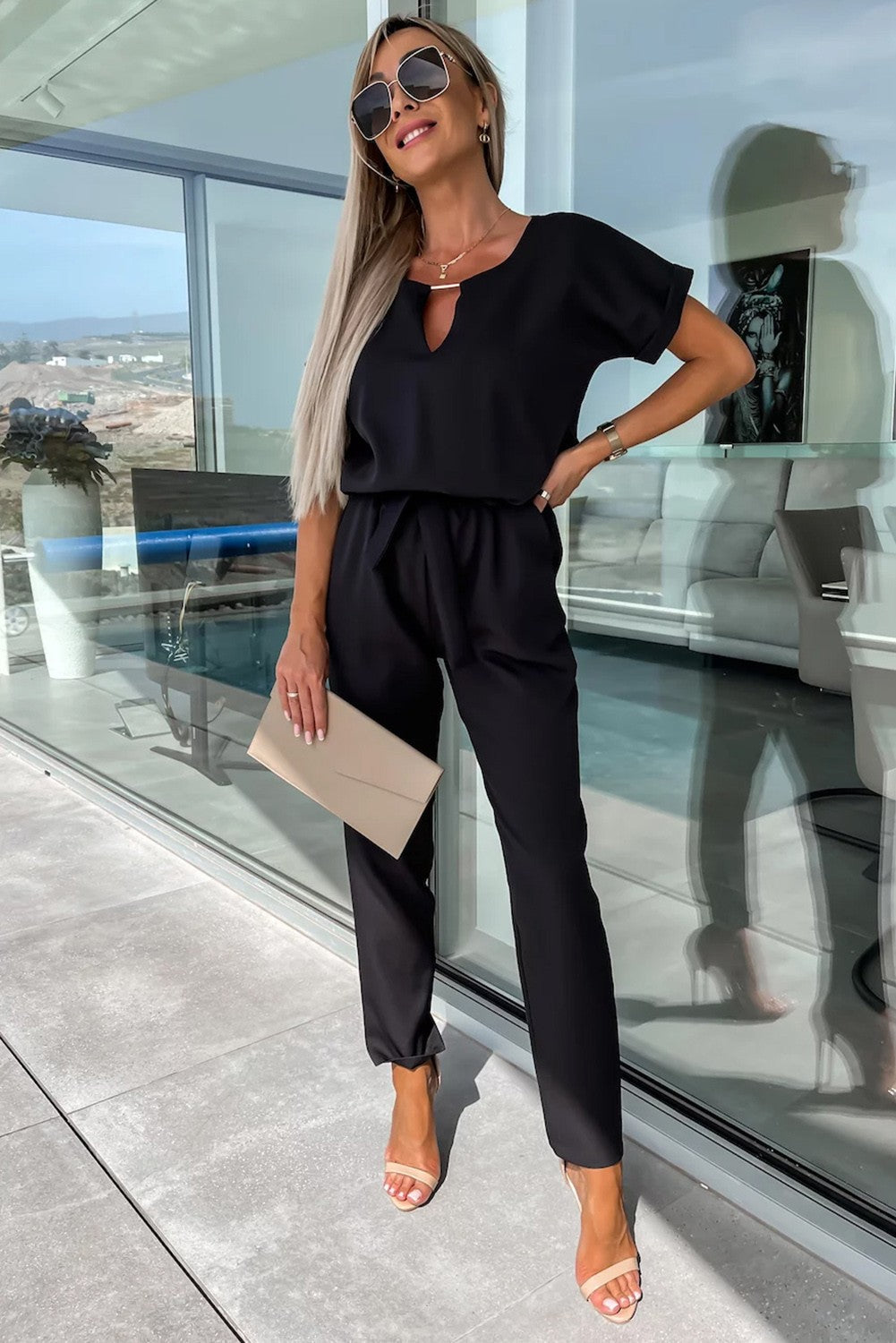 Elegant jumpsuit with metallic detail, black