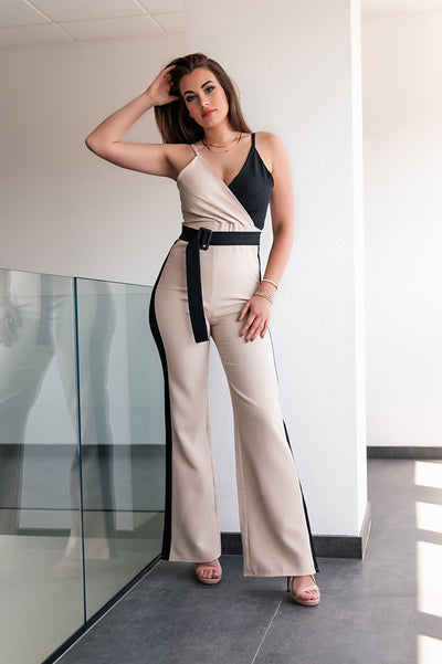 Two-tone elegant jumpsuit Oliveta, black and beige