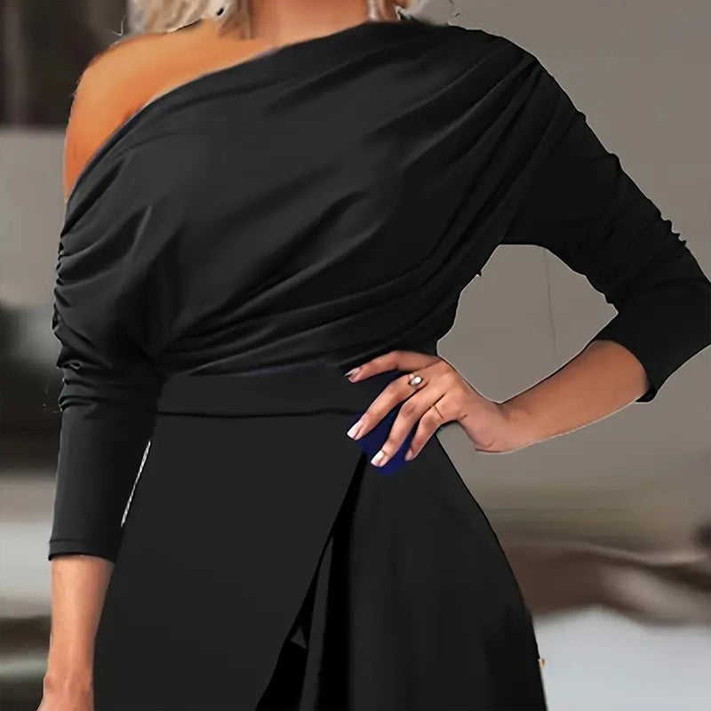Women Elegant One Shoulder Slit Pleated Waist Jumpsuit Long Sleeves