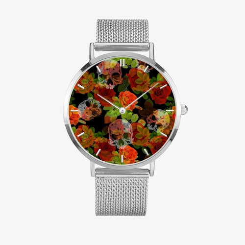 Jacki Easlick Floral Skulls Ultra-thin Stainless Steel Quartz Watch