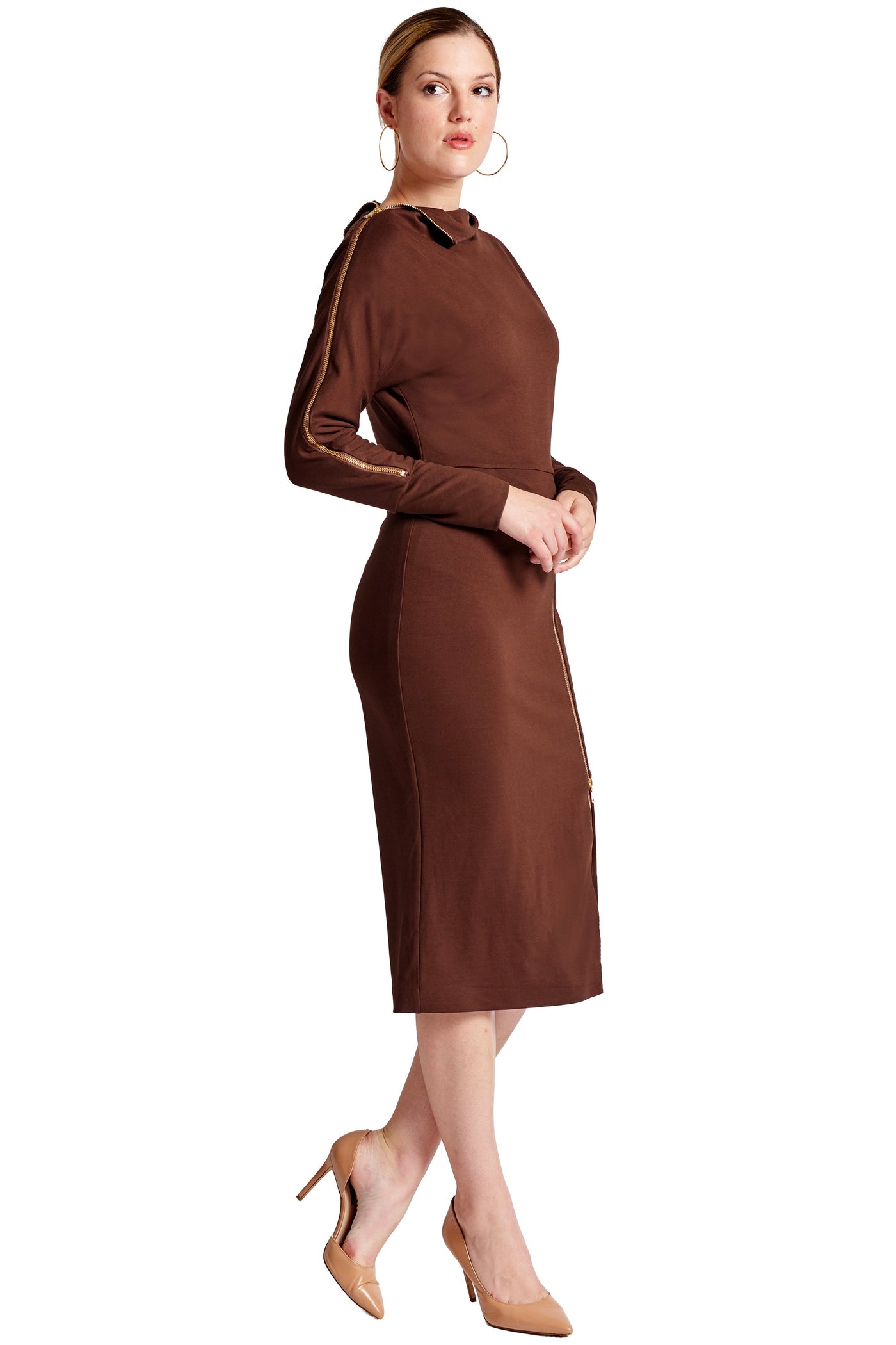 Josefa Asymmetric Dress - Long sleeve convertible midi dress with zipper