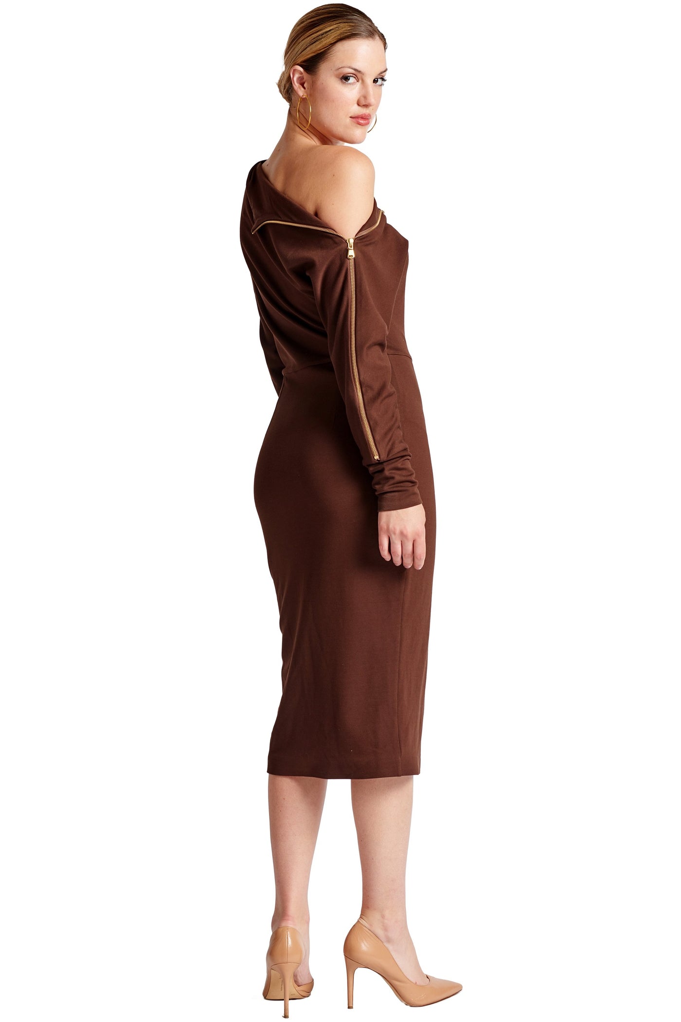Josefa Asymmetric Dress - Long sleeve convertible midi dress with zipper