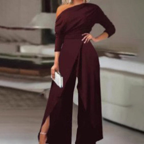 Women Elegant One Shoulder Slit Pleated Waist Jumpsuit Long Sleeves