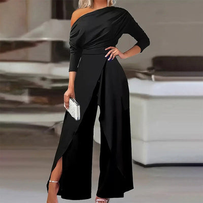 Women Elegant One Shoulder Slit Pleated Waist Jumpsuit Long Sleeves