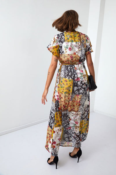 Maxi wrap dress with a belt, yellow FG646