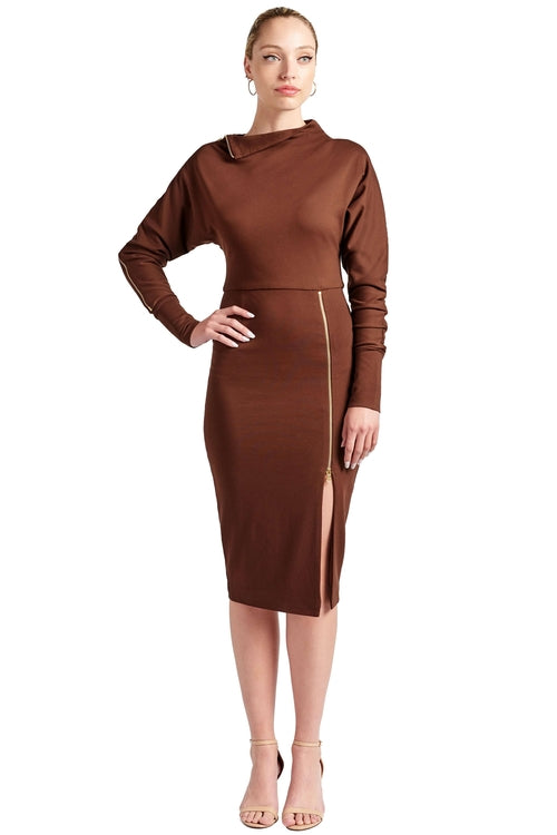 Josefa Asymmetric Dress - Long sleeve convertible midi dress with zipper